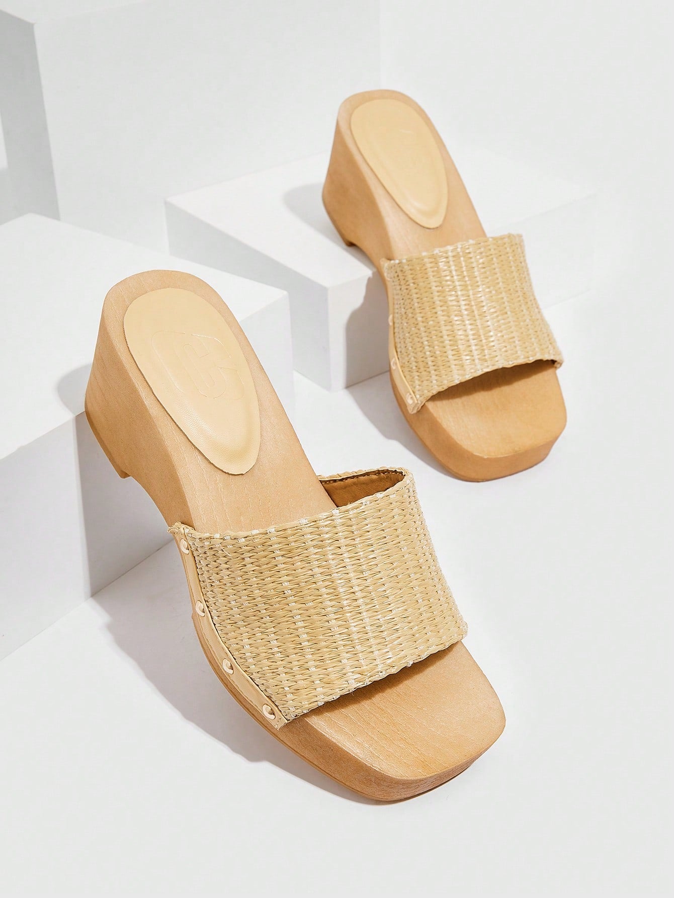 Vacation Wedge Slide Sandals For Women, Studded Decor Braided Detail Straw Sandals