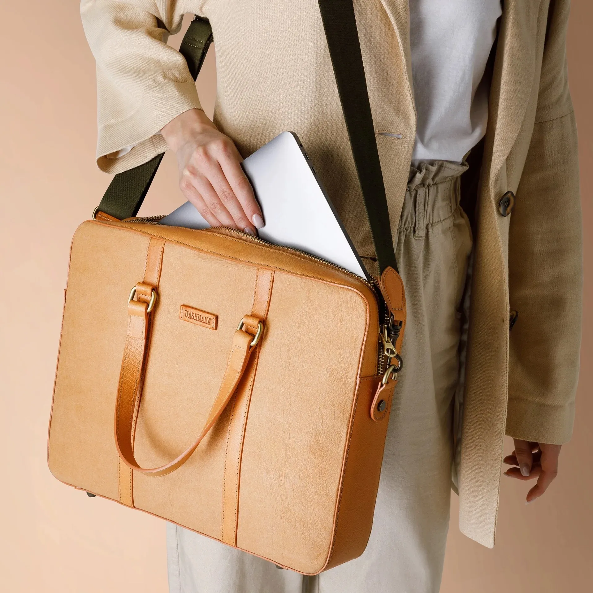 Washable Paper Laptop Case | Messenger Bag in Camel