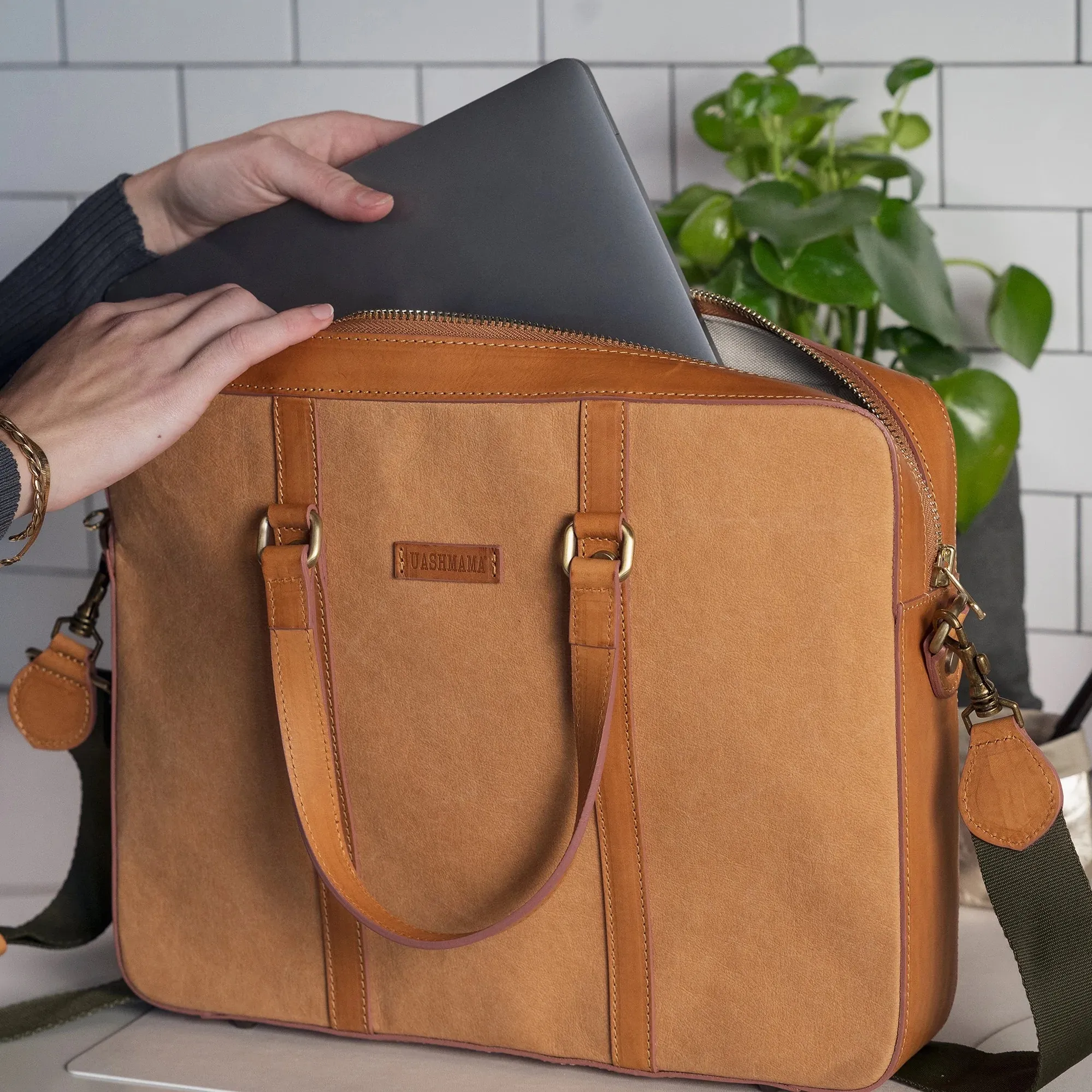 Washable Paper Laptop Case | Messenger Bag in Camel