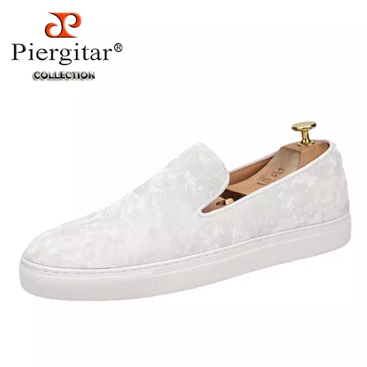 White Color Diamond Design Men's Sneakers Sporty Style Slip-on