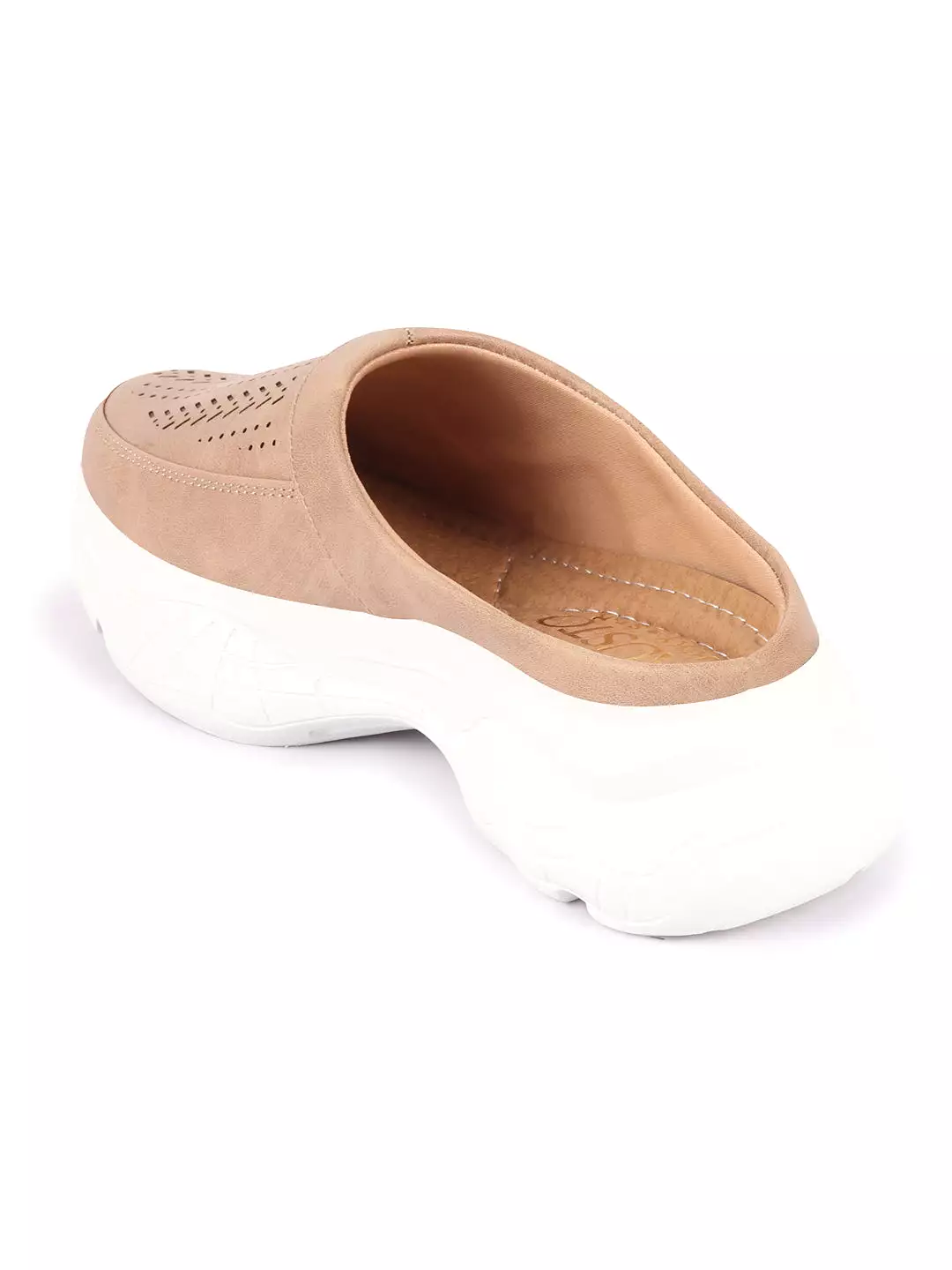 Women Beige Laser Cut Design Stitched Back Open Slip On Mules Shoes