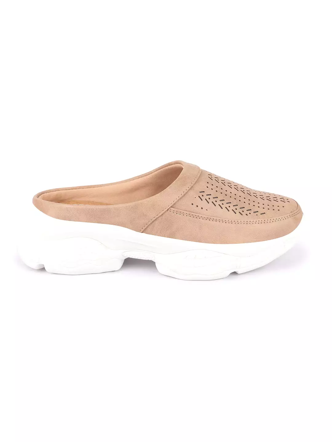 Women Beige Laser Cut Design Stitched Back Open Slip On Mules Shoes