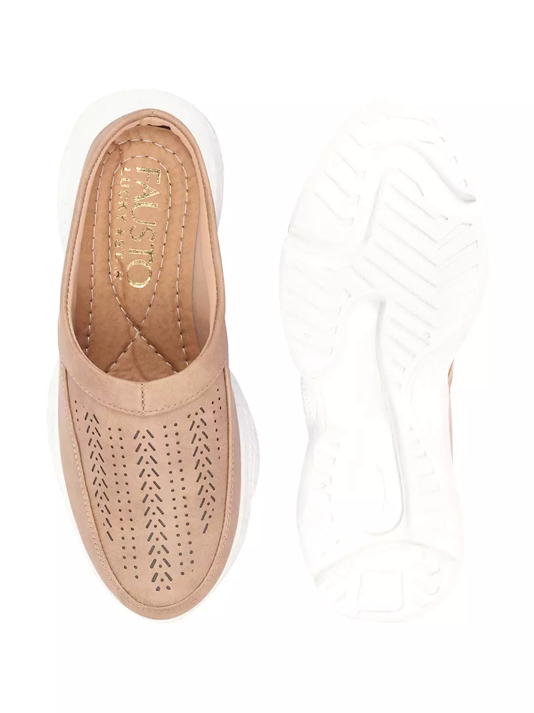 Women Beige Laser Cut Design Stitched Back Open Slip On Mules Shoes