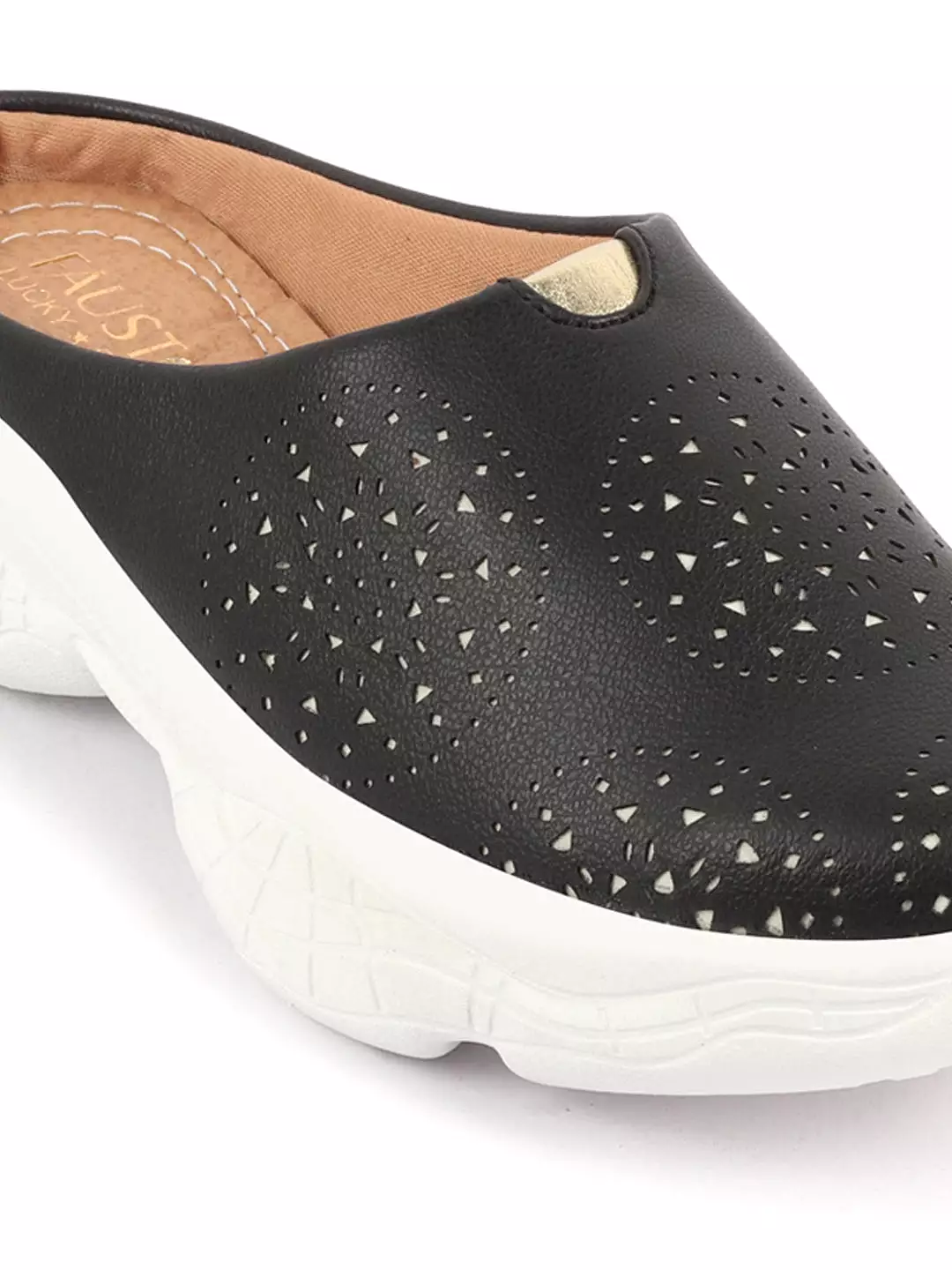 Women Black Laser Cut Design Back Open Slip On Mules Shoes