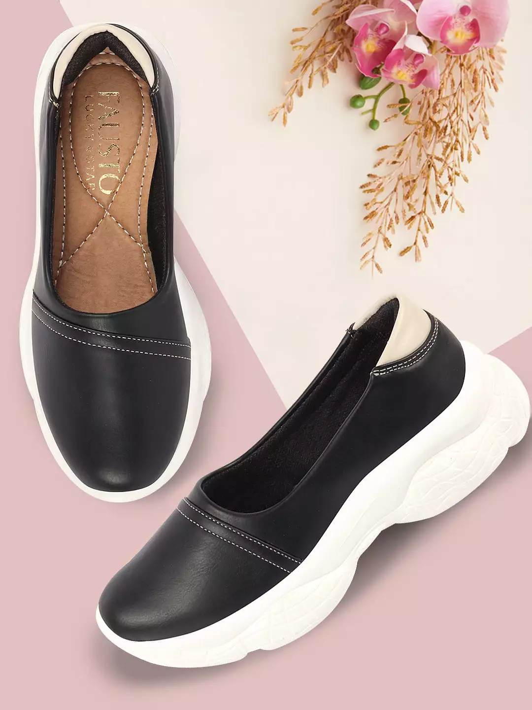 Women Black Outdoor Fashion Stitched Design Slip On Shoes