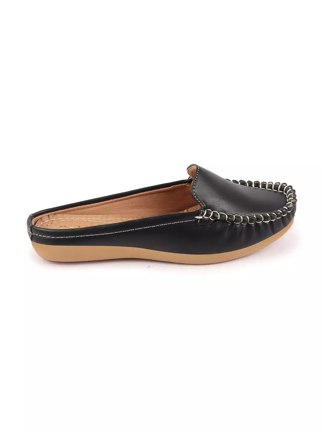 Women Black Side Stitched Back Open Slip On Mules Shoes