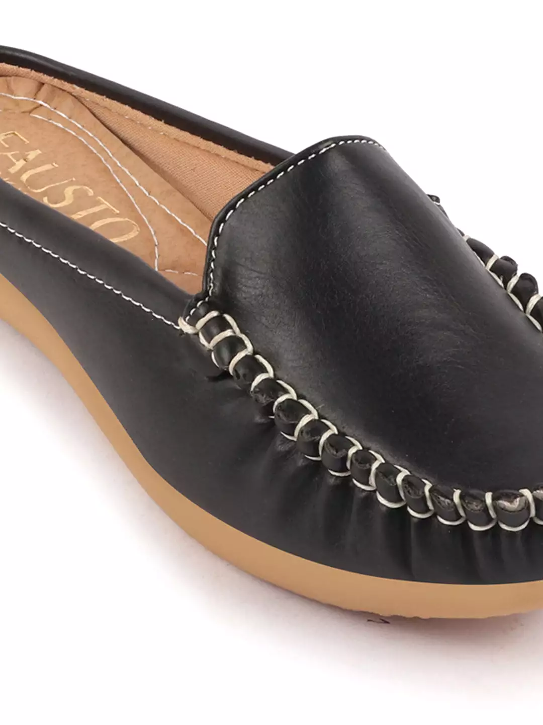 Women Black Side Stitched Back Open Slip On Mules Shoes