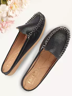 Women Black Side Stitched Laser Cut Design Back Open Slip On Mules Shoes