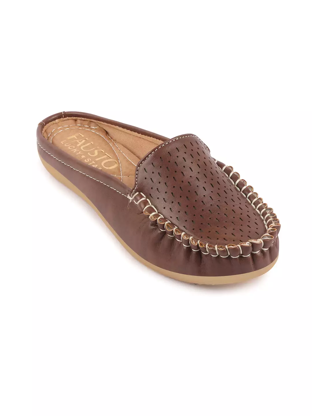 Women Brown Side Stitched Laser Cut Design Back Open Slip On Mules Shoes