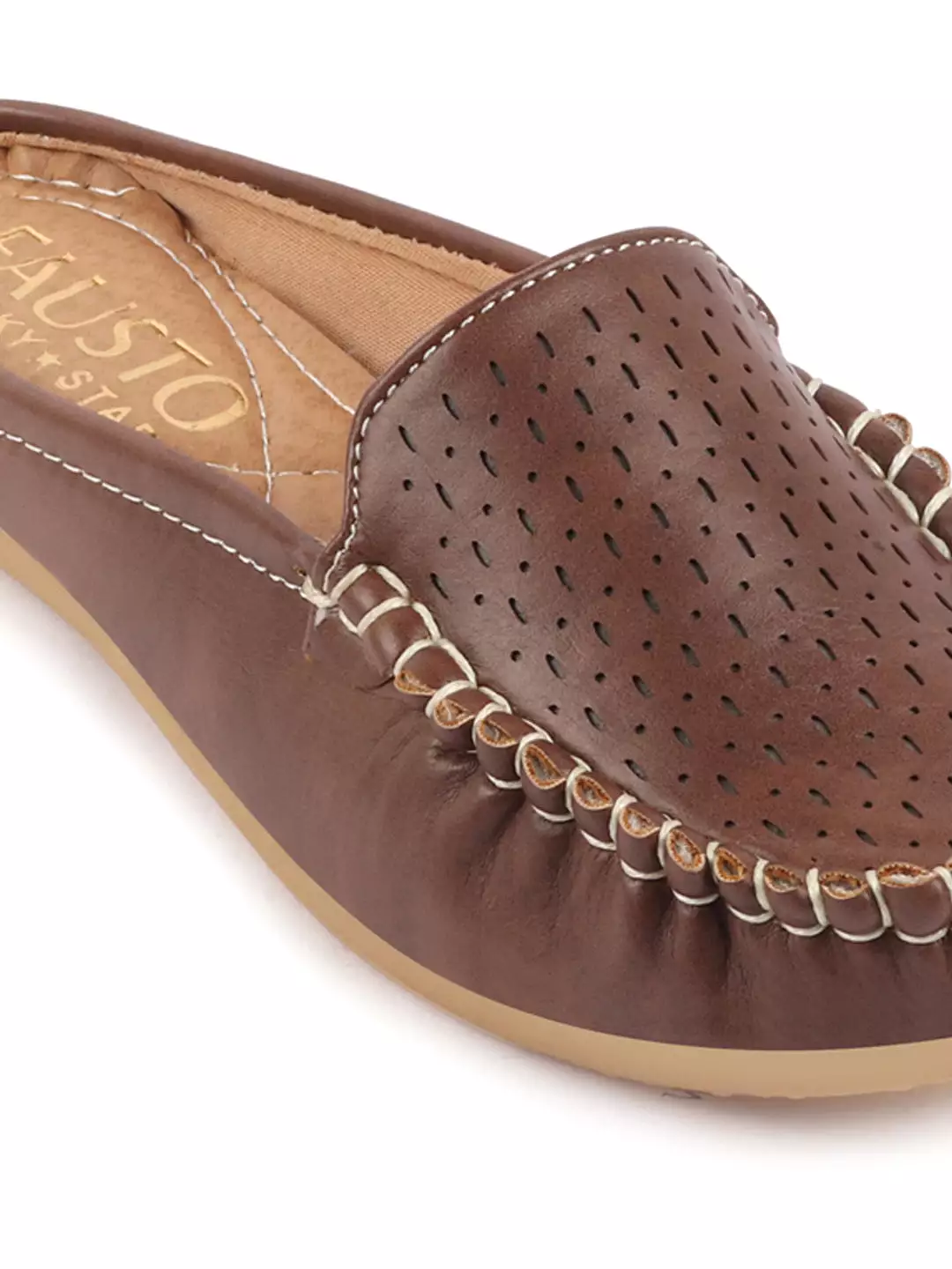 Women Brown Side Stitched Laser Cut Design Back Open Slip On Mules Shoes