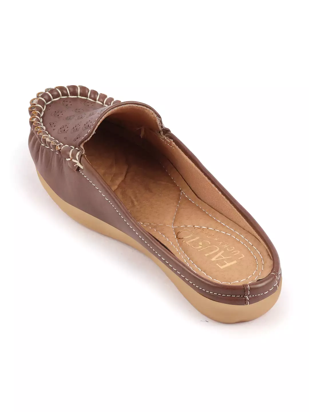 Women Brown Side Stitched Printed Back Open Slip On Mules Shoes