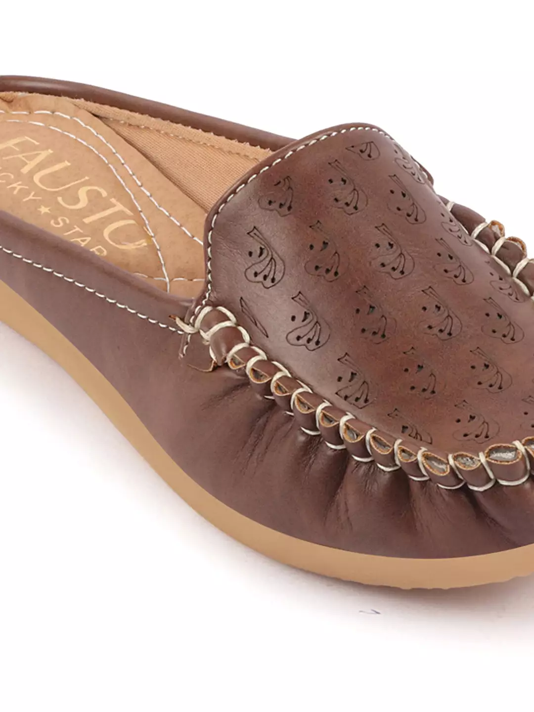 Women Brown Side Stitched Printed Back Open Slip On Mules Shoes