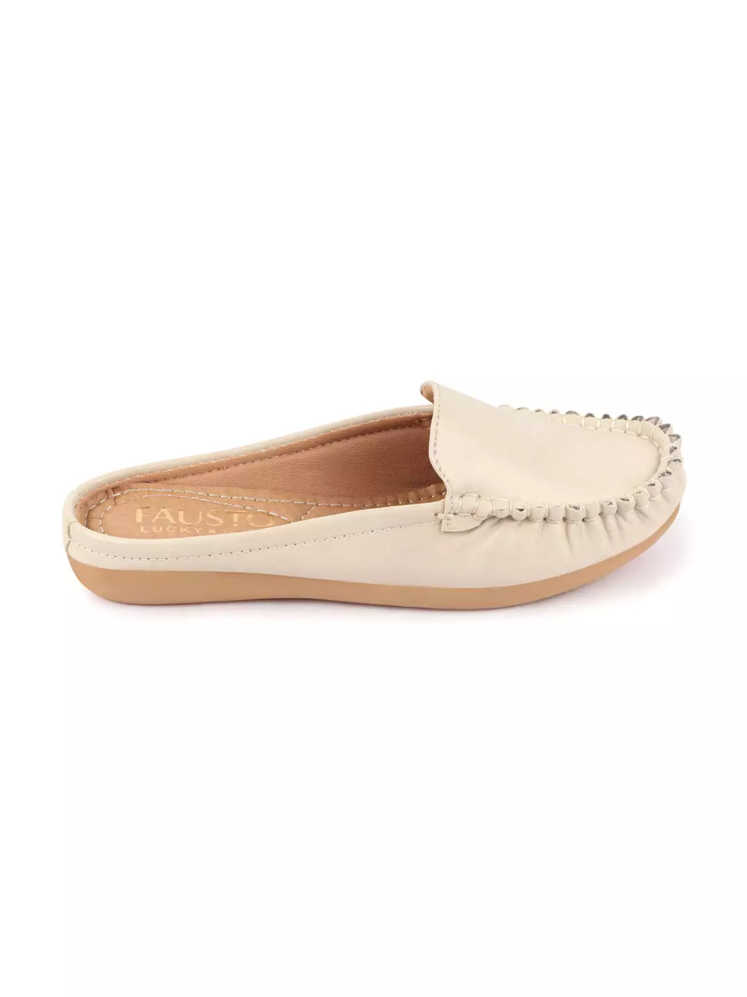 Women Cream Side Stitched Back Open Slip On Mules Shoes