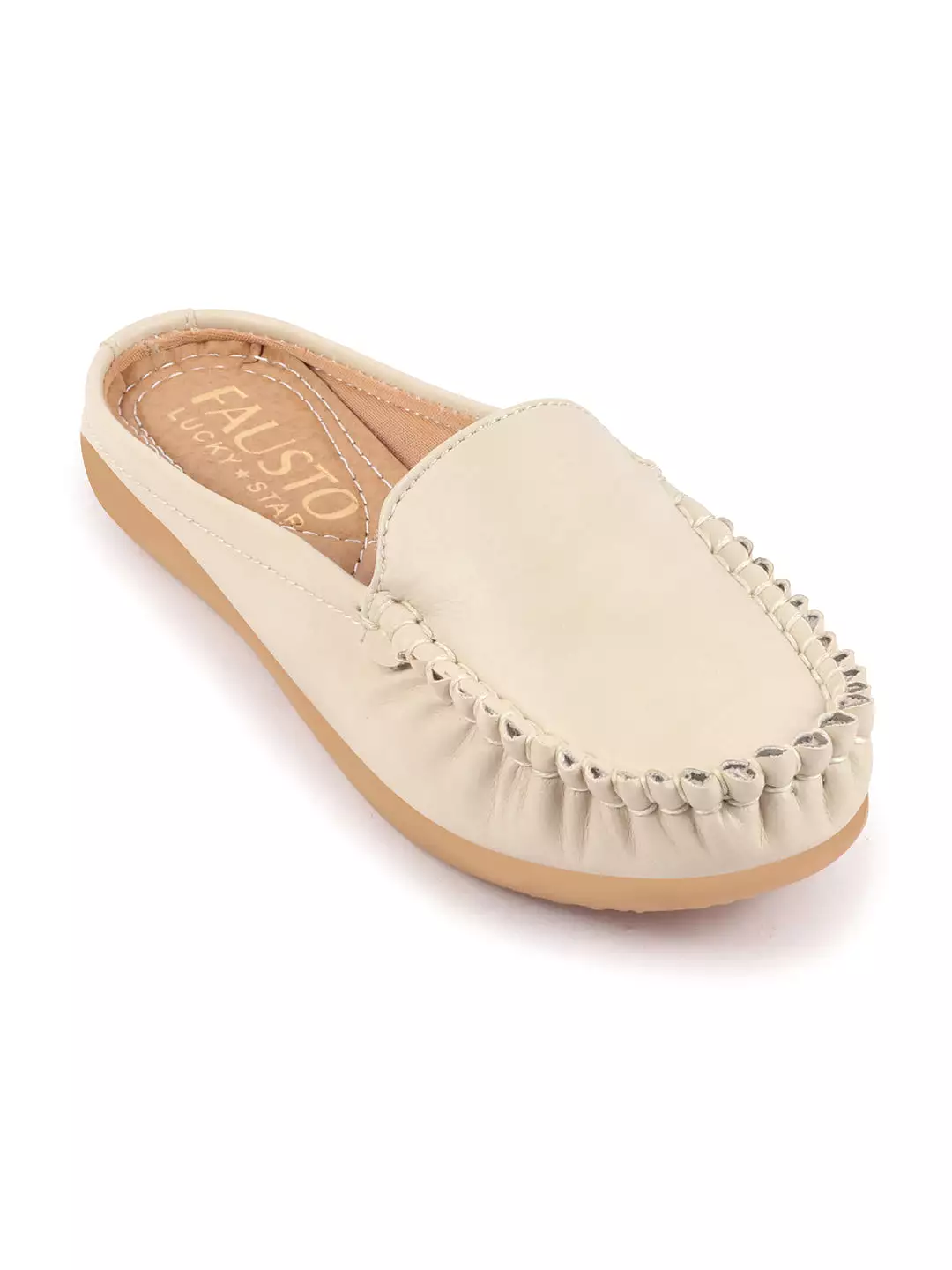 Women Cream Side Stitched Back Open Slip On Mules Shoes