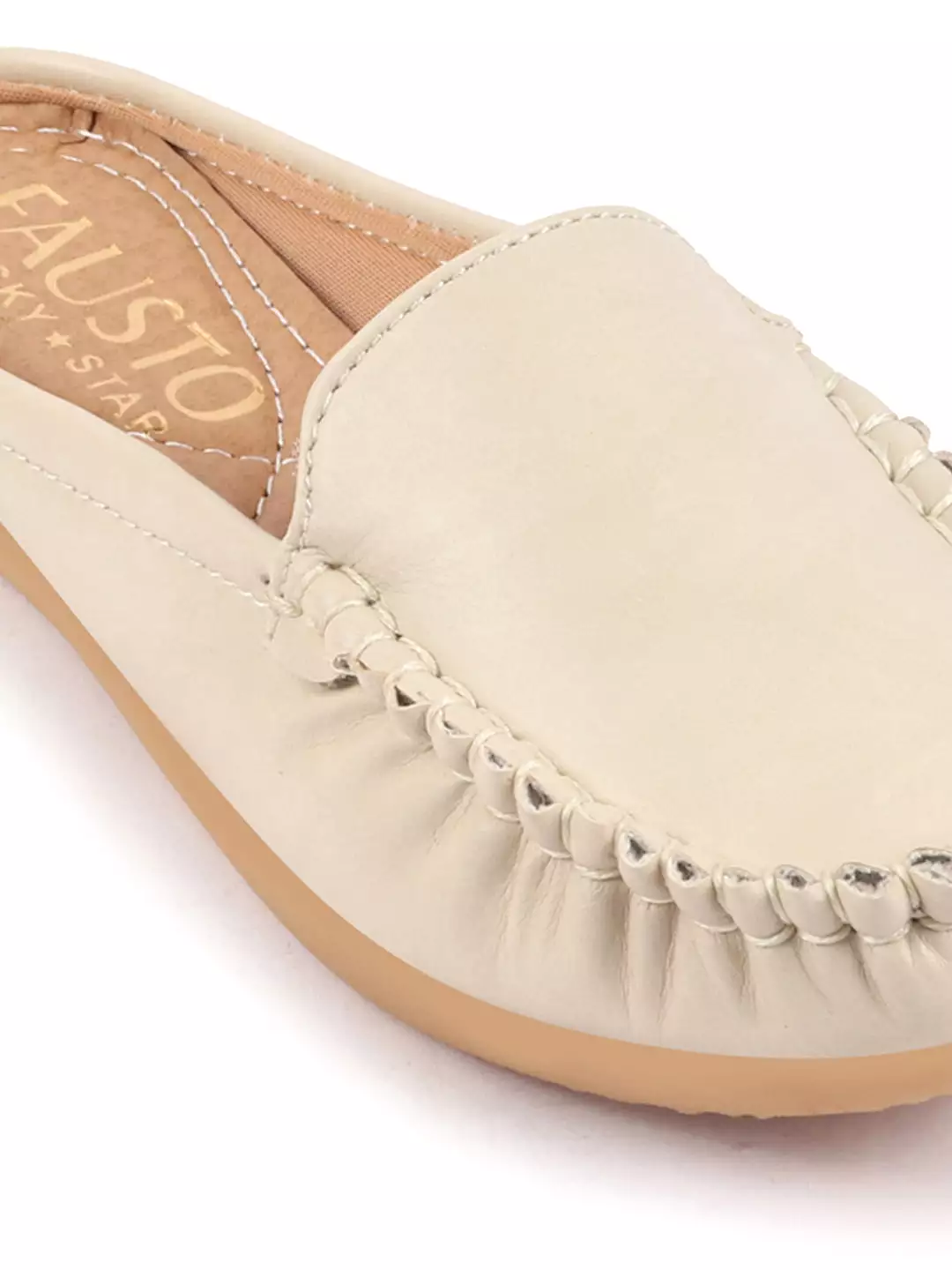 Women Cream Side Stitched Back Open Slip On Mules Shoes