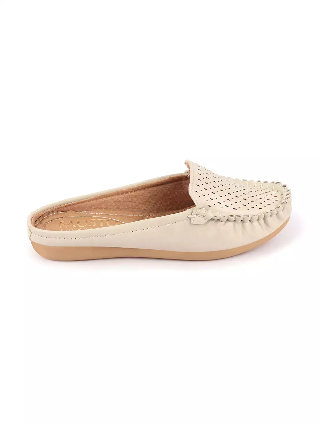 Women Cream Side Stitched Laser Cut Design Back Open Slip On Mules Shoes