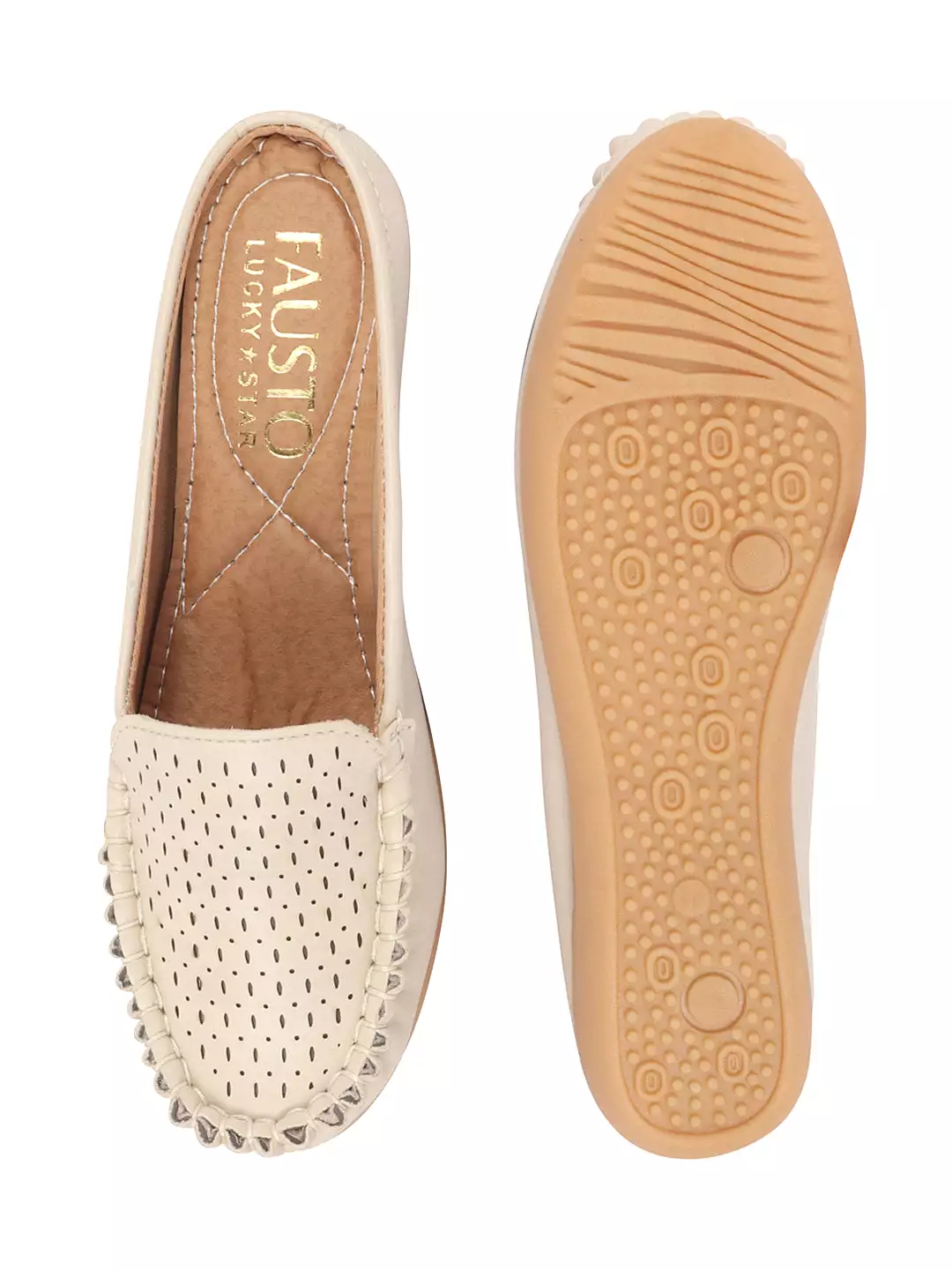 Women Cream Side Stitched Laser Cut Design Back Open Slip On Mules Shoes