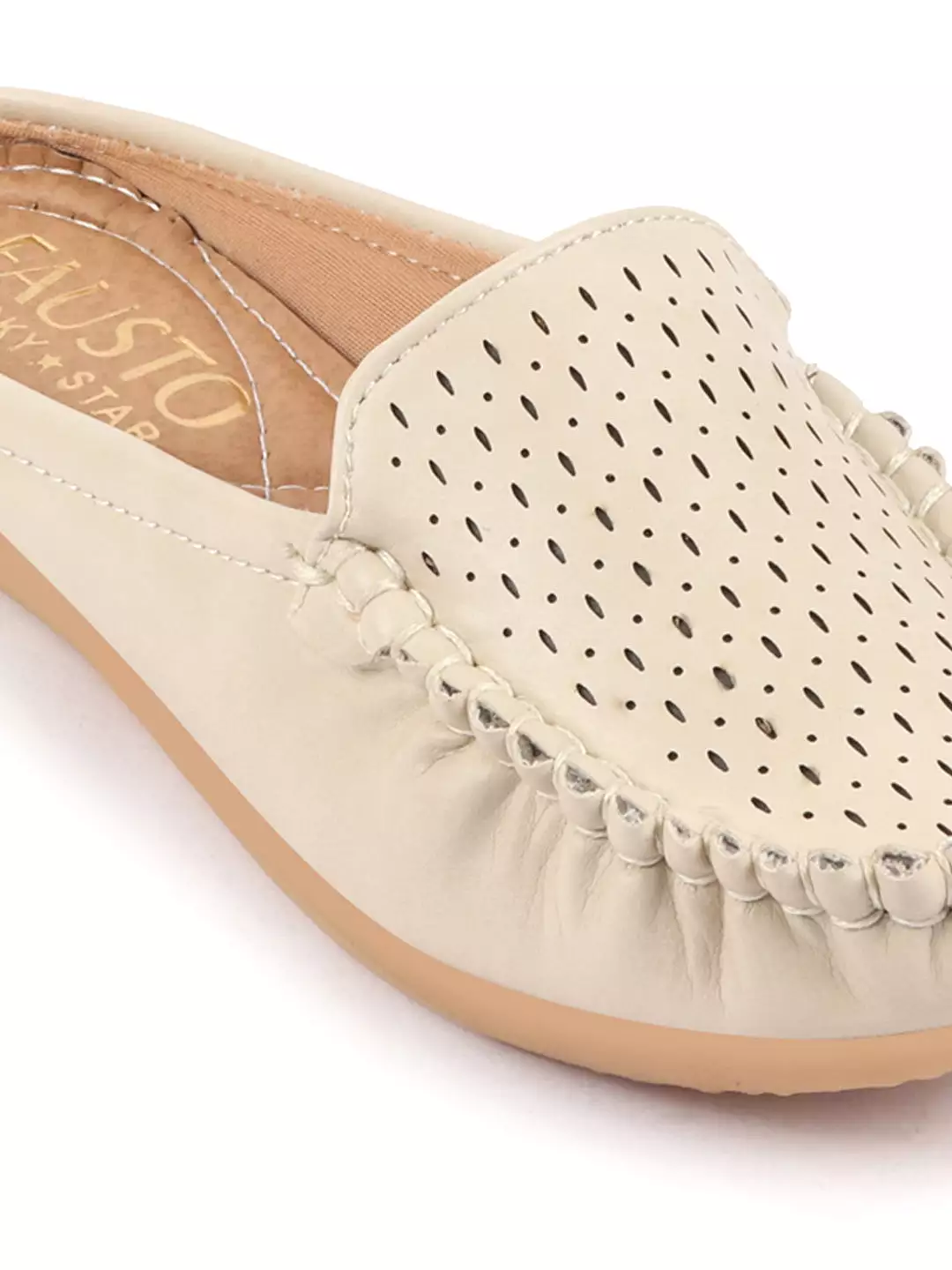 Women Cream Side Stitched Laser Cut Design Back Open Slip On Mules Shoes