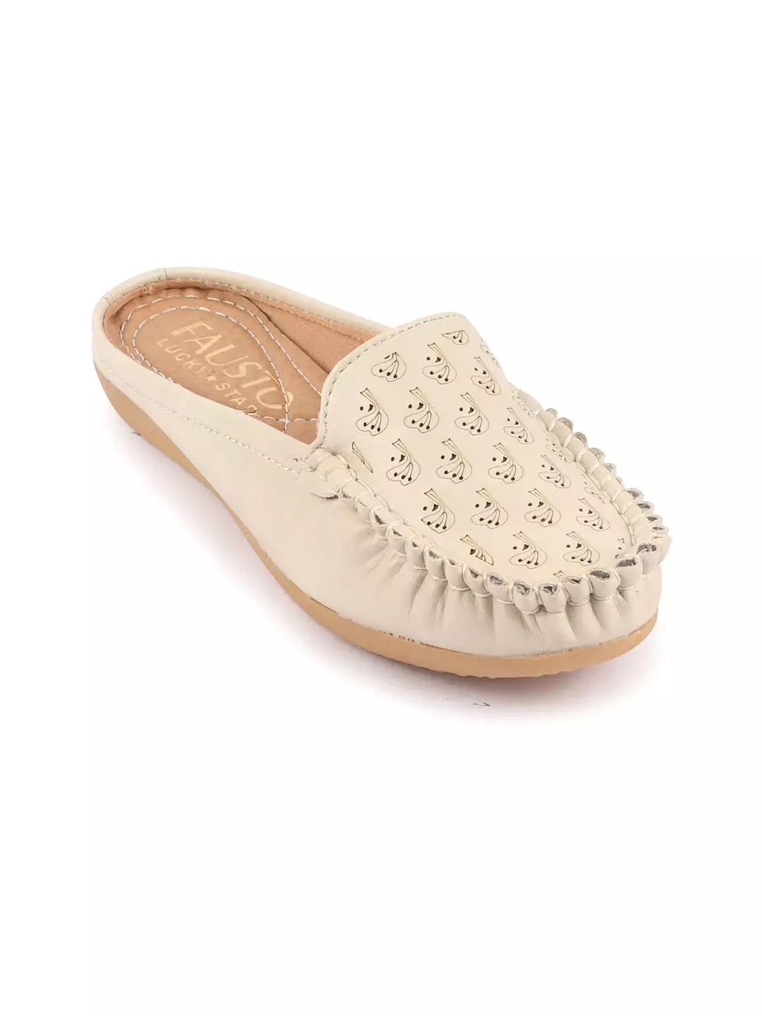 Women Cream Side Stitched Printed Back Open Slip On Mules Shoes