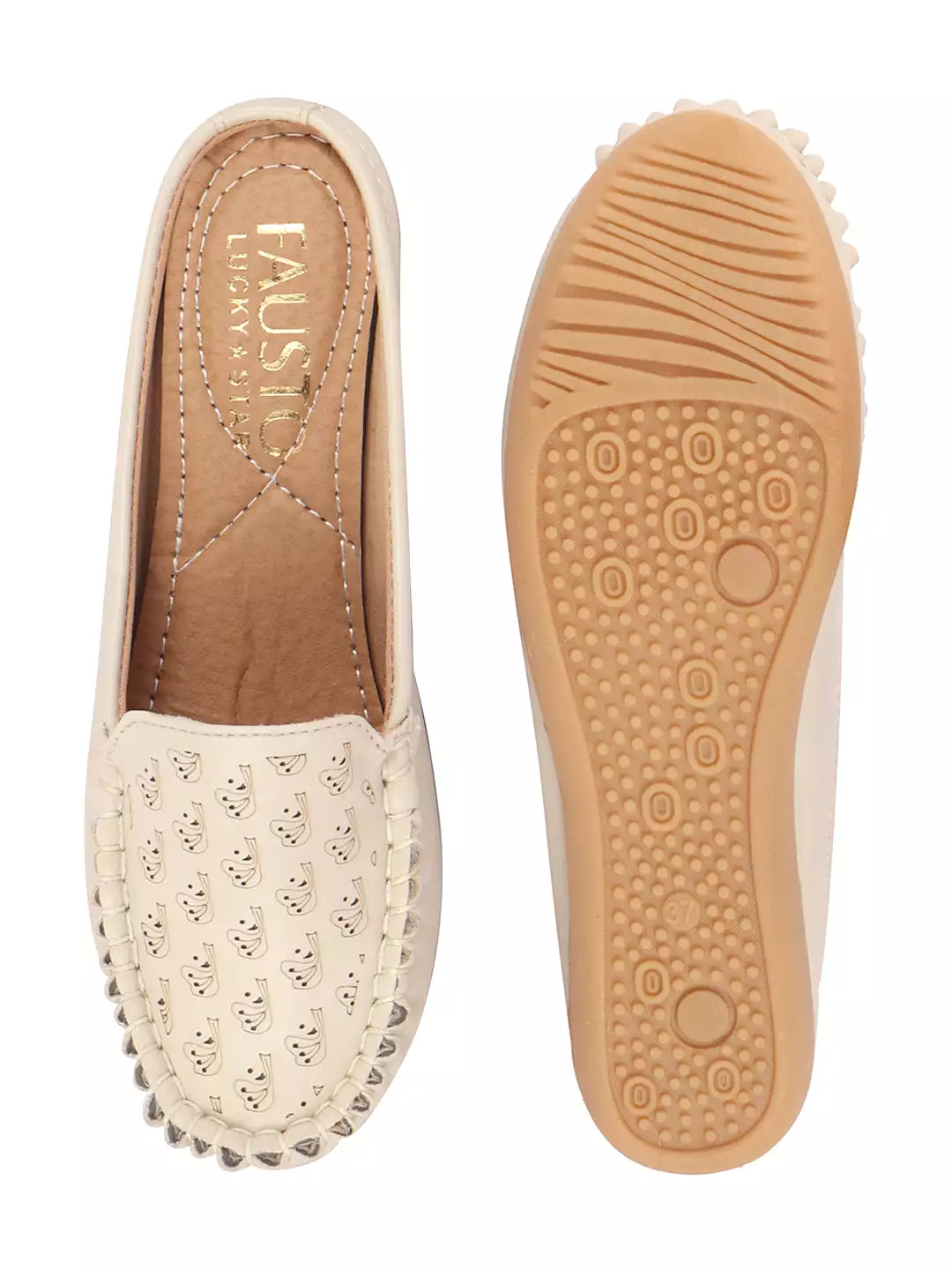 Women Cream Side Stitched Printed Back Open Slip On Mules Shoes