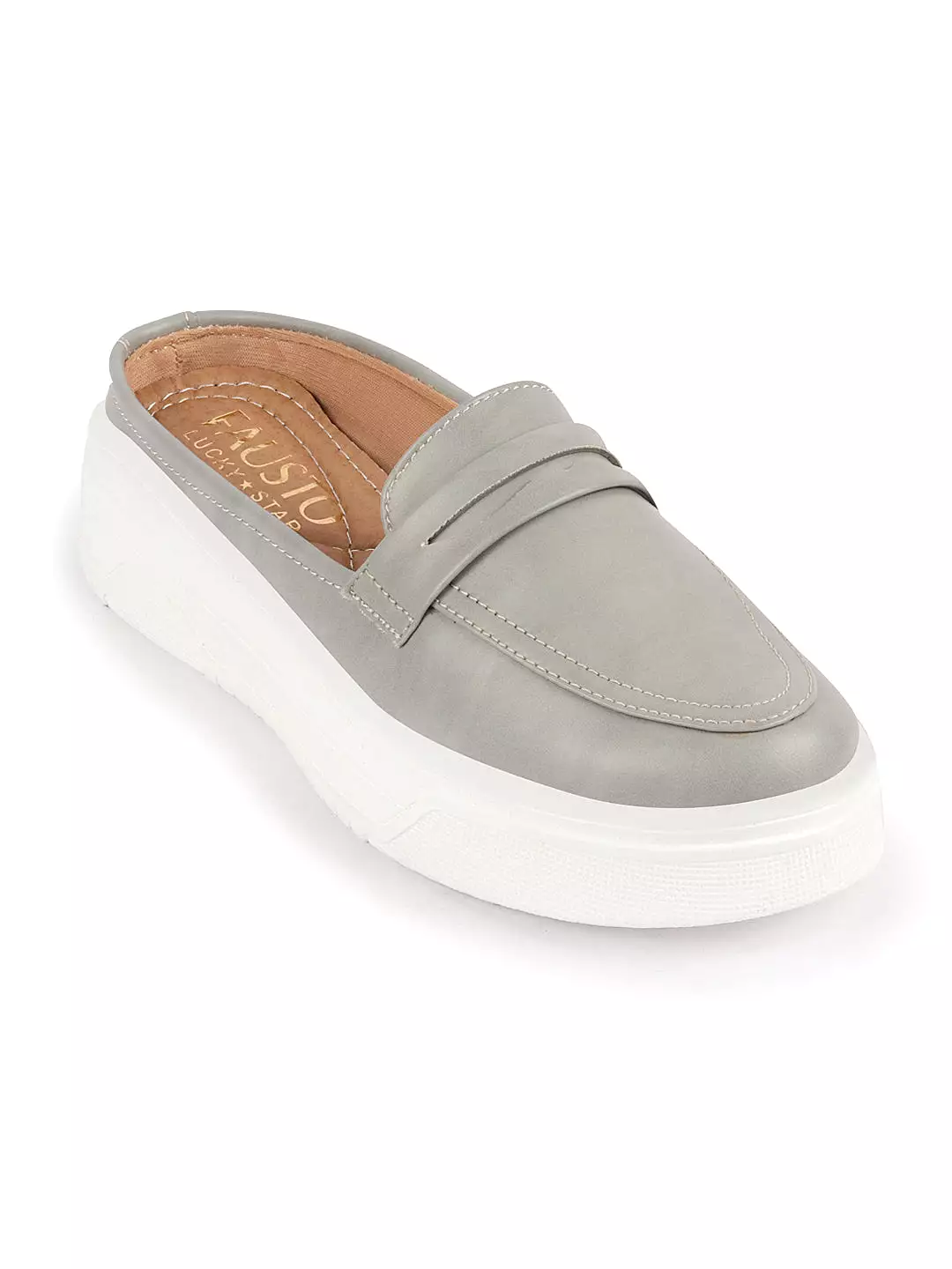 Women Grey Outdoor Fashion Stitched Design Strap Open Back Platform Heel Slip On Casual Shoes