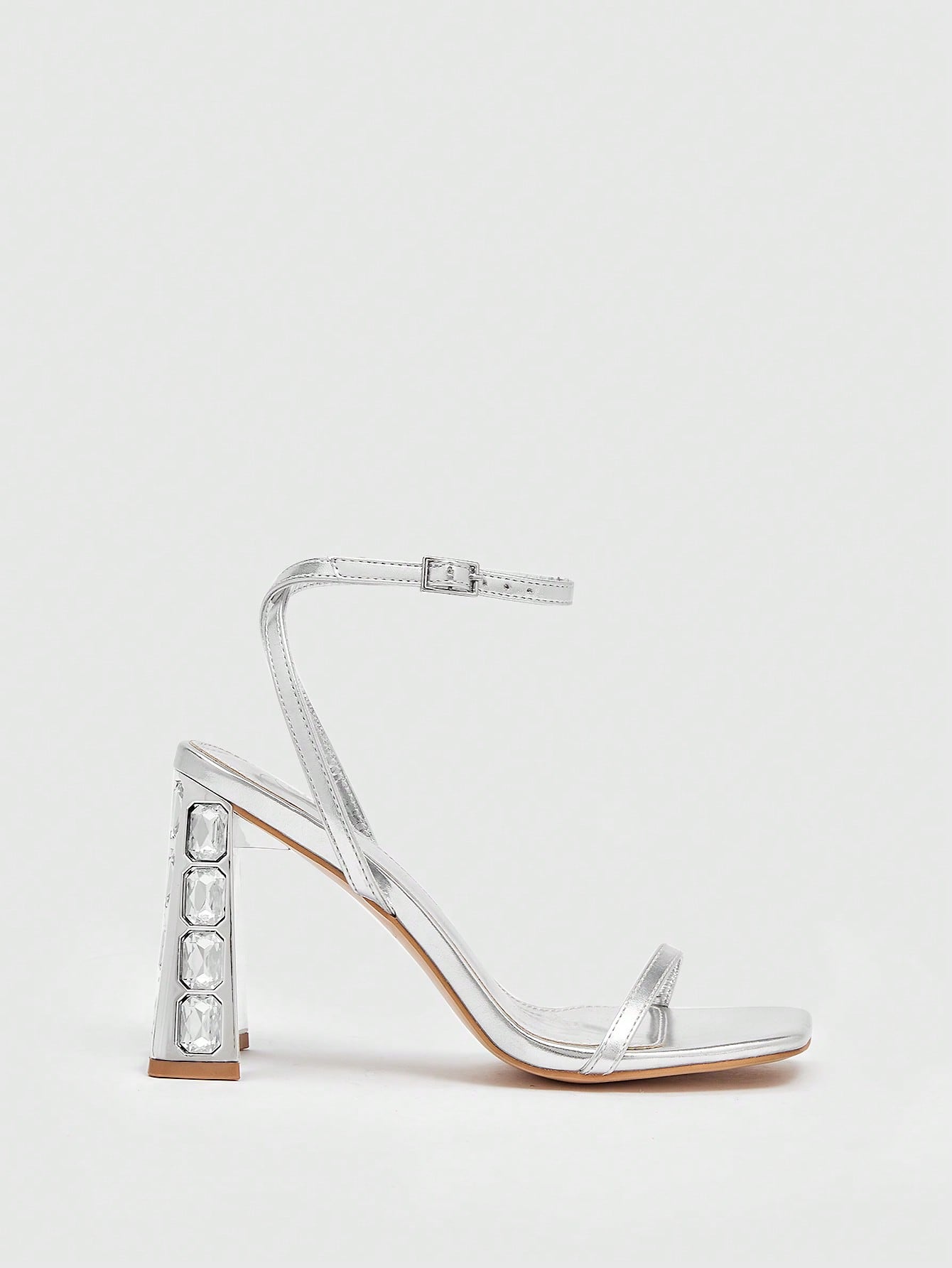 Women Metallic Thin Strap Chunky Heeled Sandals, Glamorous Silver Ankle Strap Sandals