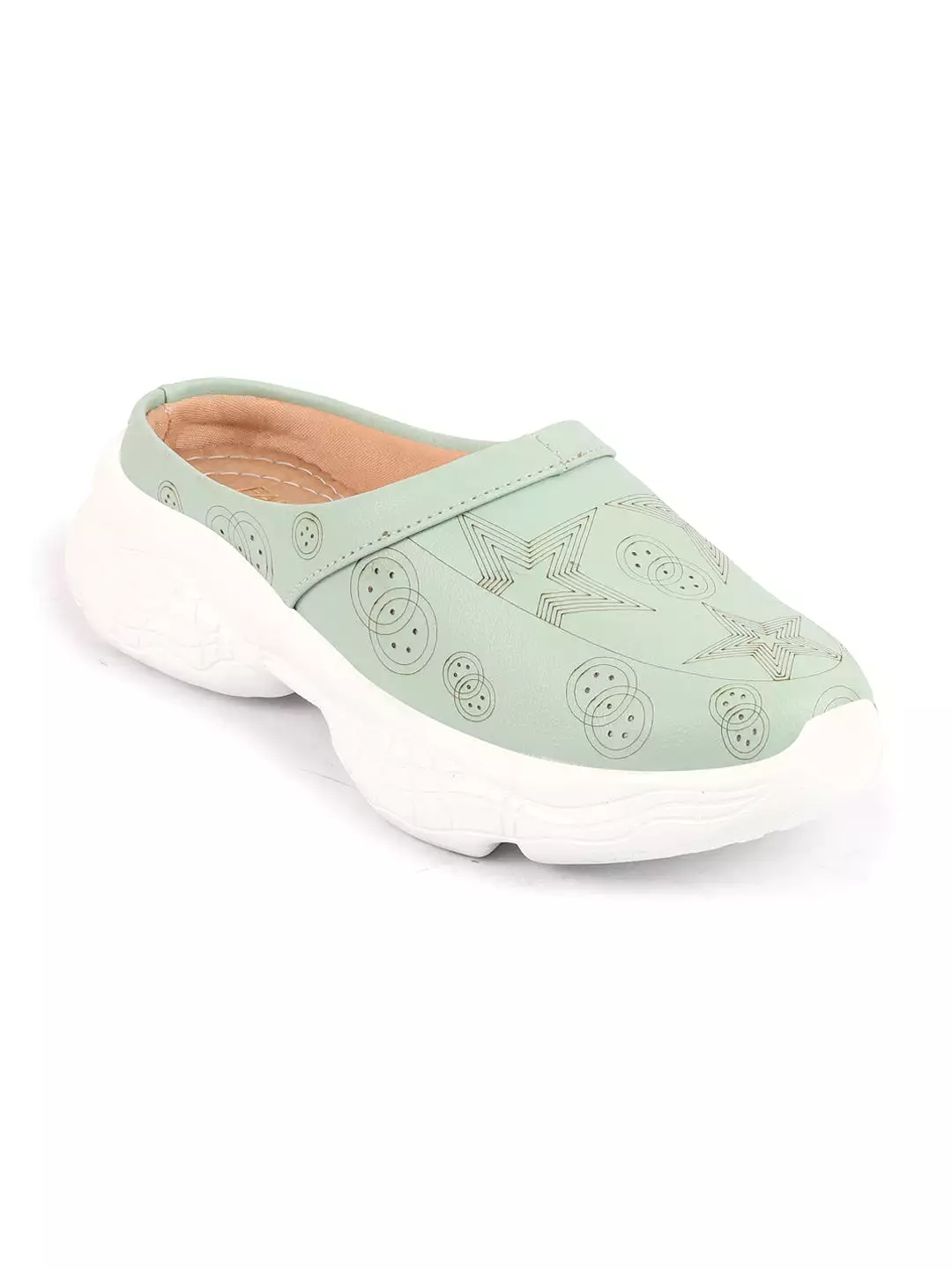 Women Parrot Green Laser Cut Star Design Back Open Slip-On Mules Shoes