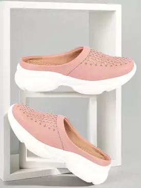 Women Peach Laser Cut Design Stitched Back Open Slip-On Mules Shoes