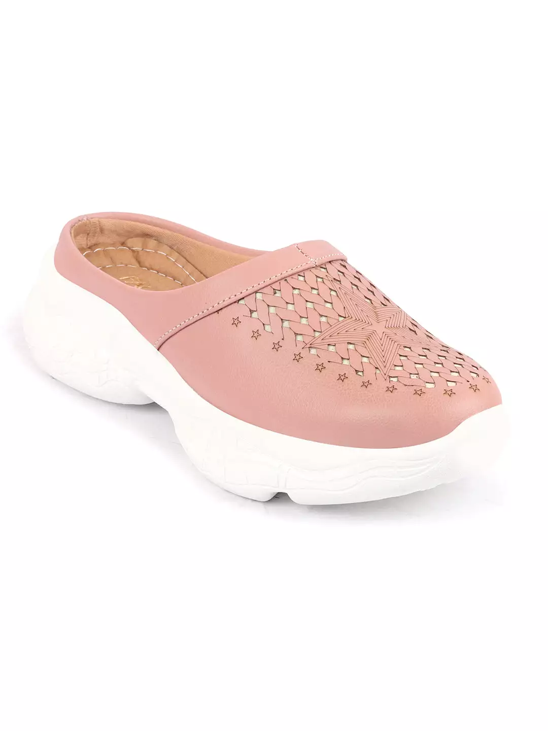 Women Peach Laser Cut Design Stitched Back Open Slip-On Mules Shoes