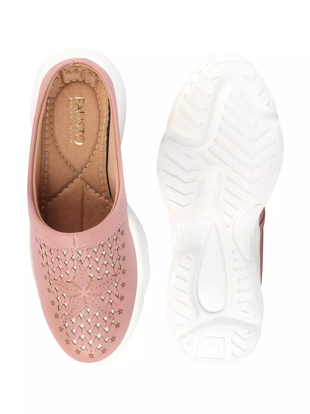 Women Peach Laser Cut Design Stitched Back Open Slip-On Mules Shoes