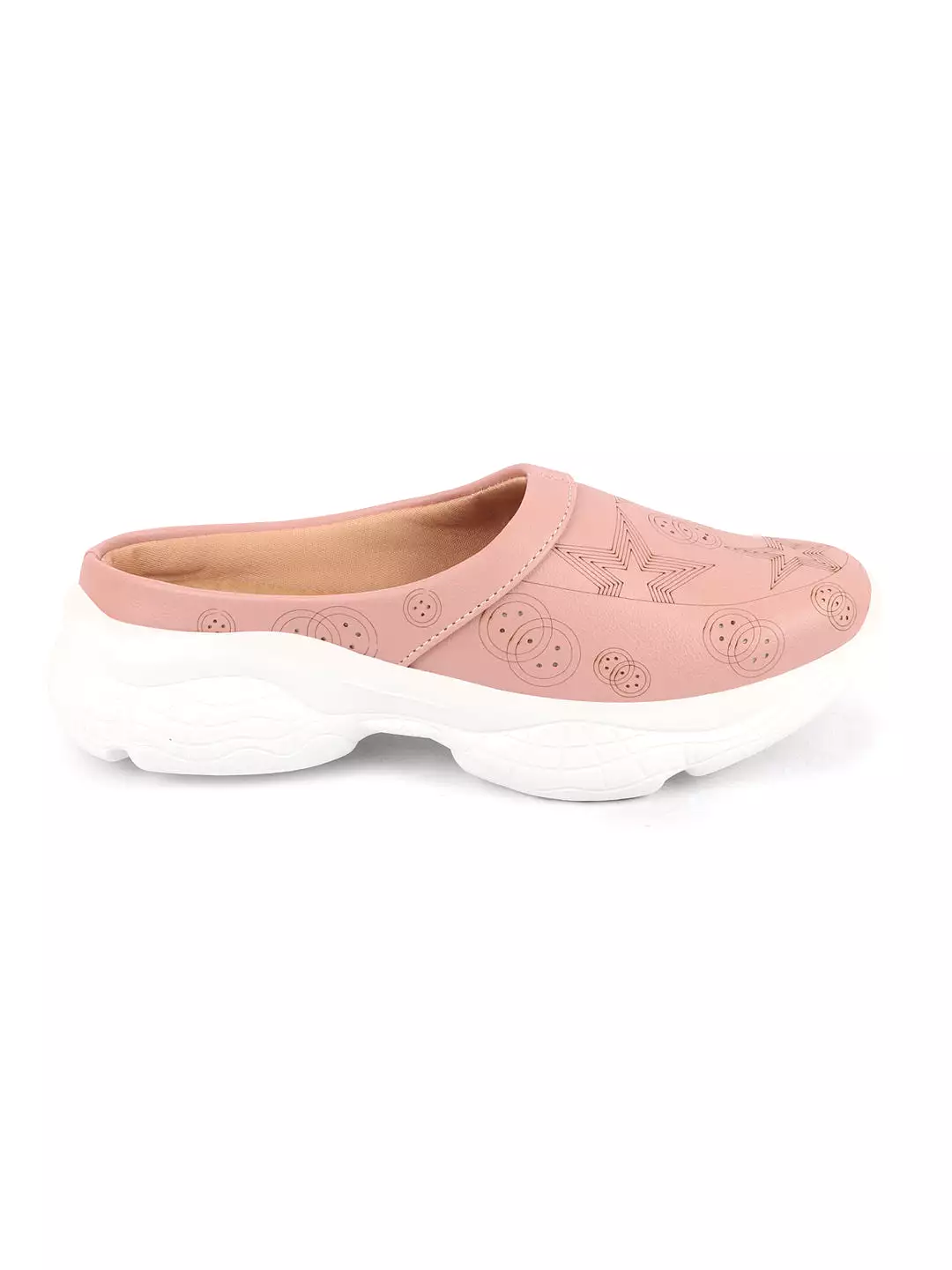 Women Peach Laser Cut Star Design Back Open Slip-On Mules Shoes