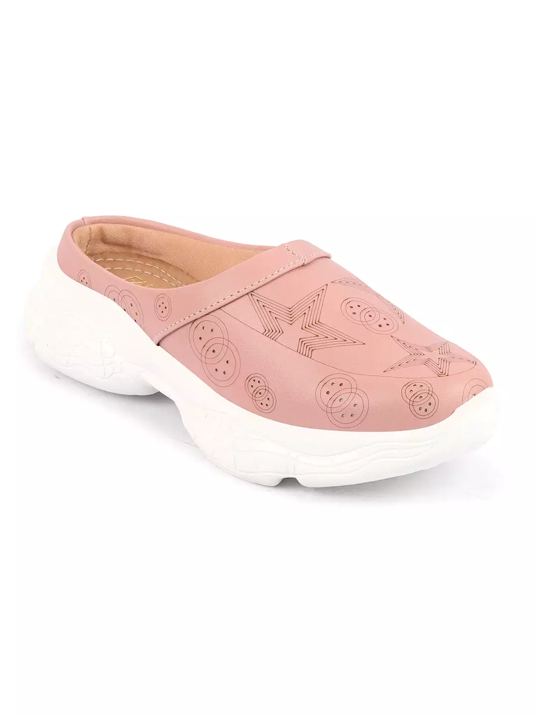 Women Peach Laser Cut Star Design Back Open Slip-On Mules Shoes