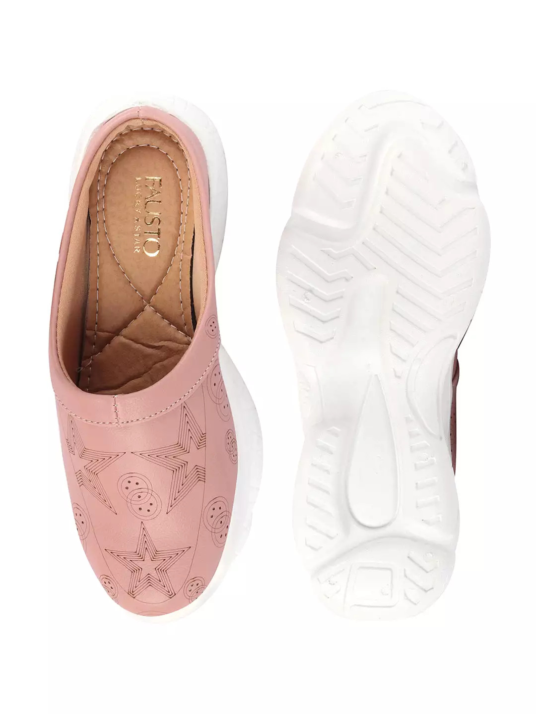 Women Peach Laser Cut Star Design Back Open Slip-On Mules Shoes