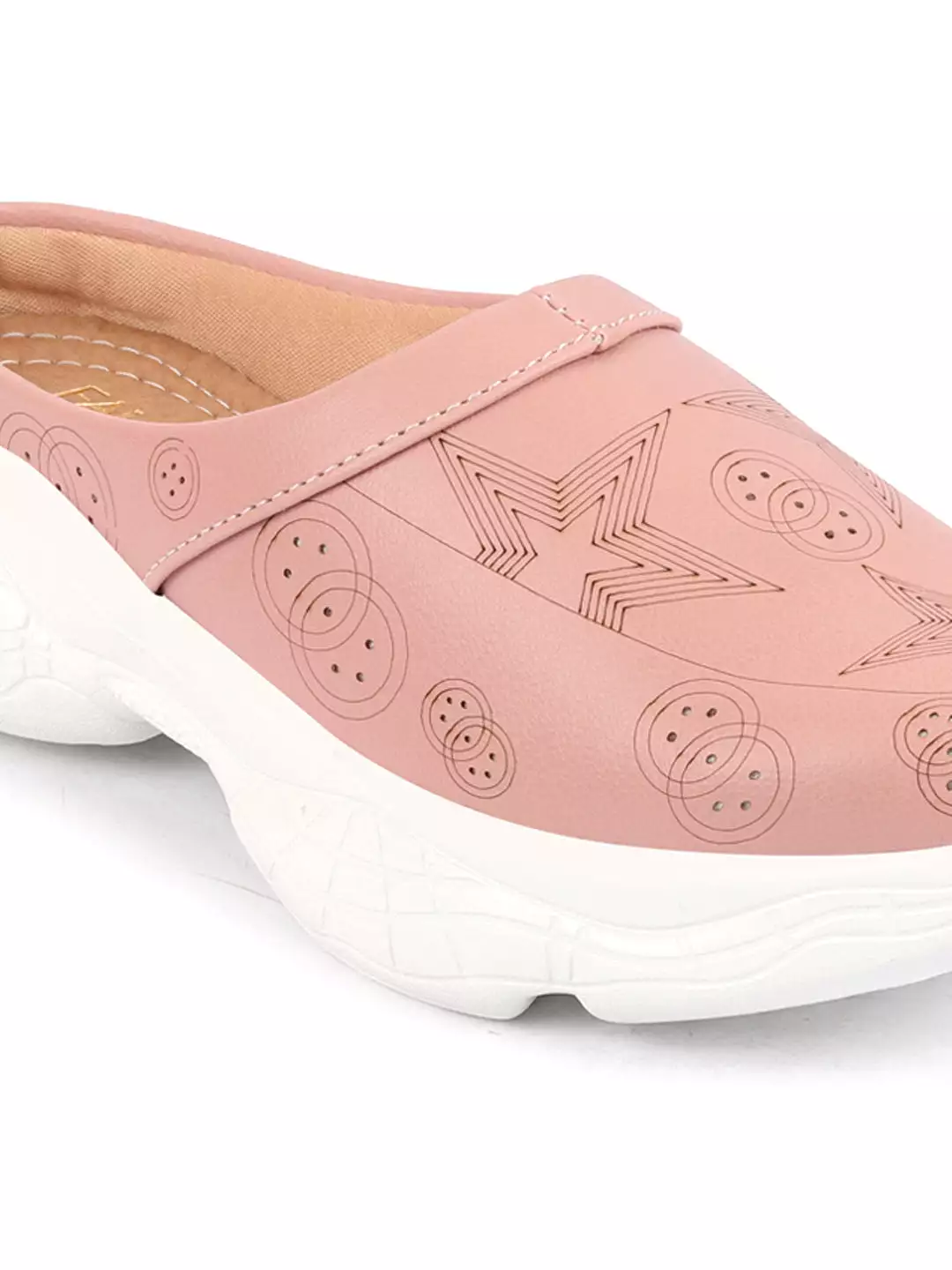 Women Peach Laser Cut Star Design Back Open Slip-On Mules Shoes