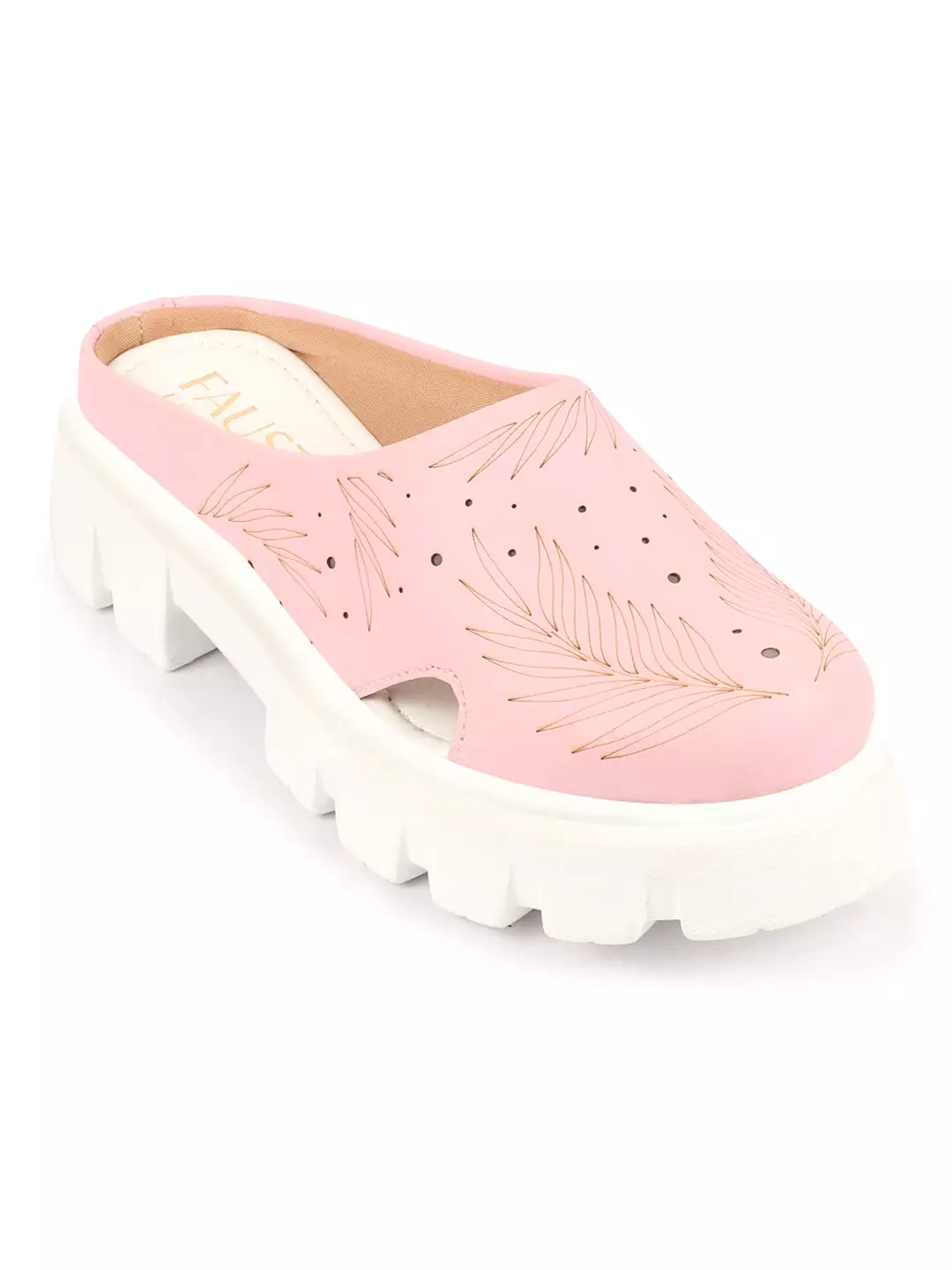 Women Pink Fashion Outdoor Leaf Print Laser Cut Design Open Back Slip On Casual Shoes