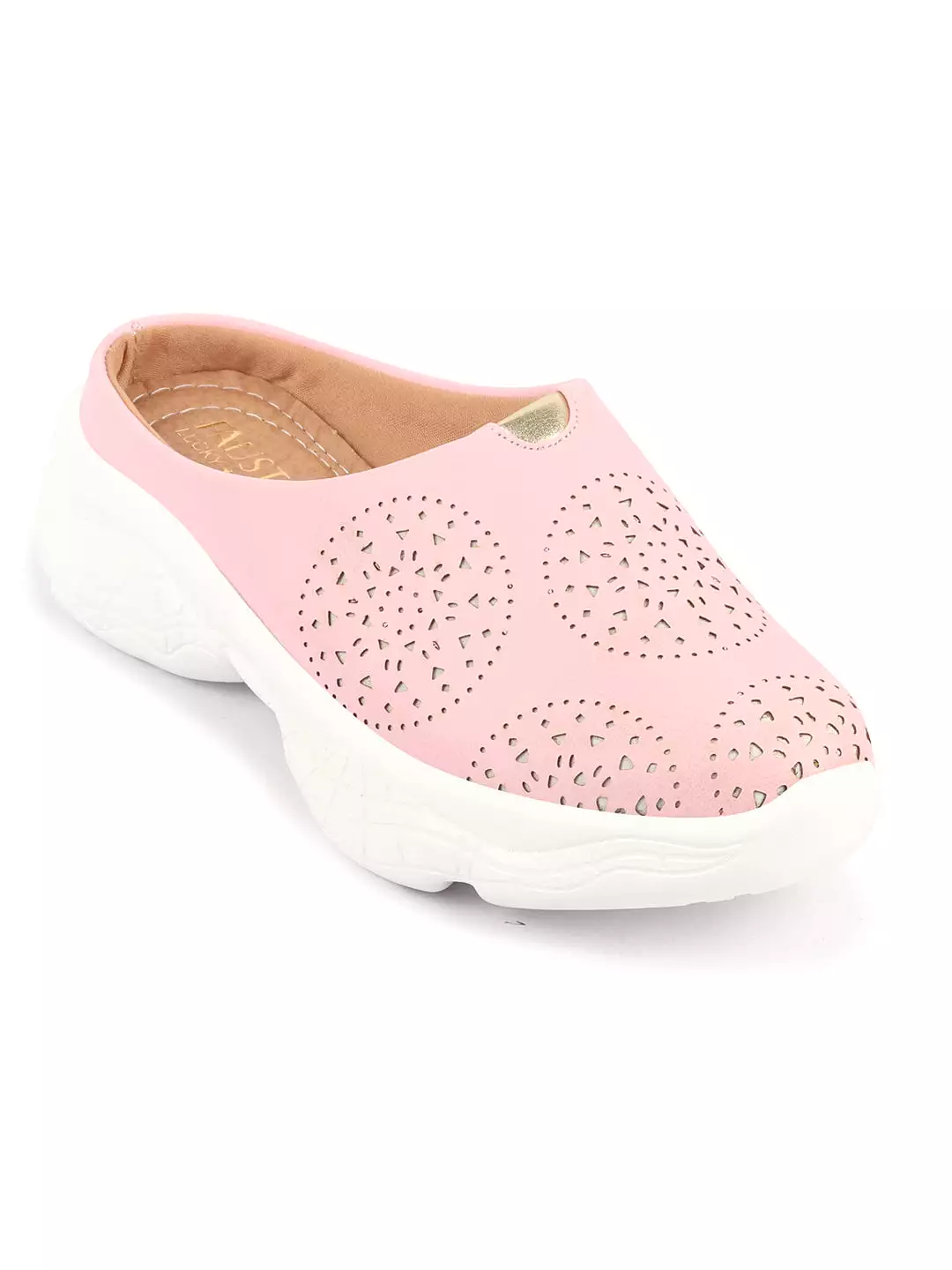 Women Pink Laser Cut Design Back Open Slip On Mules Shoes