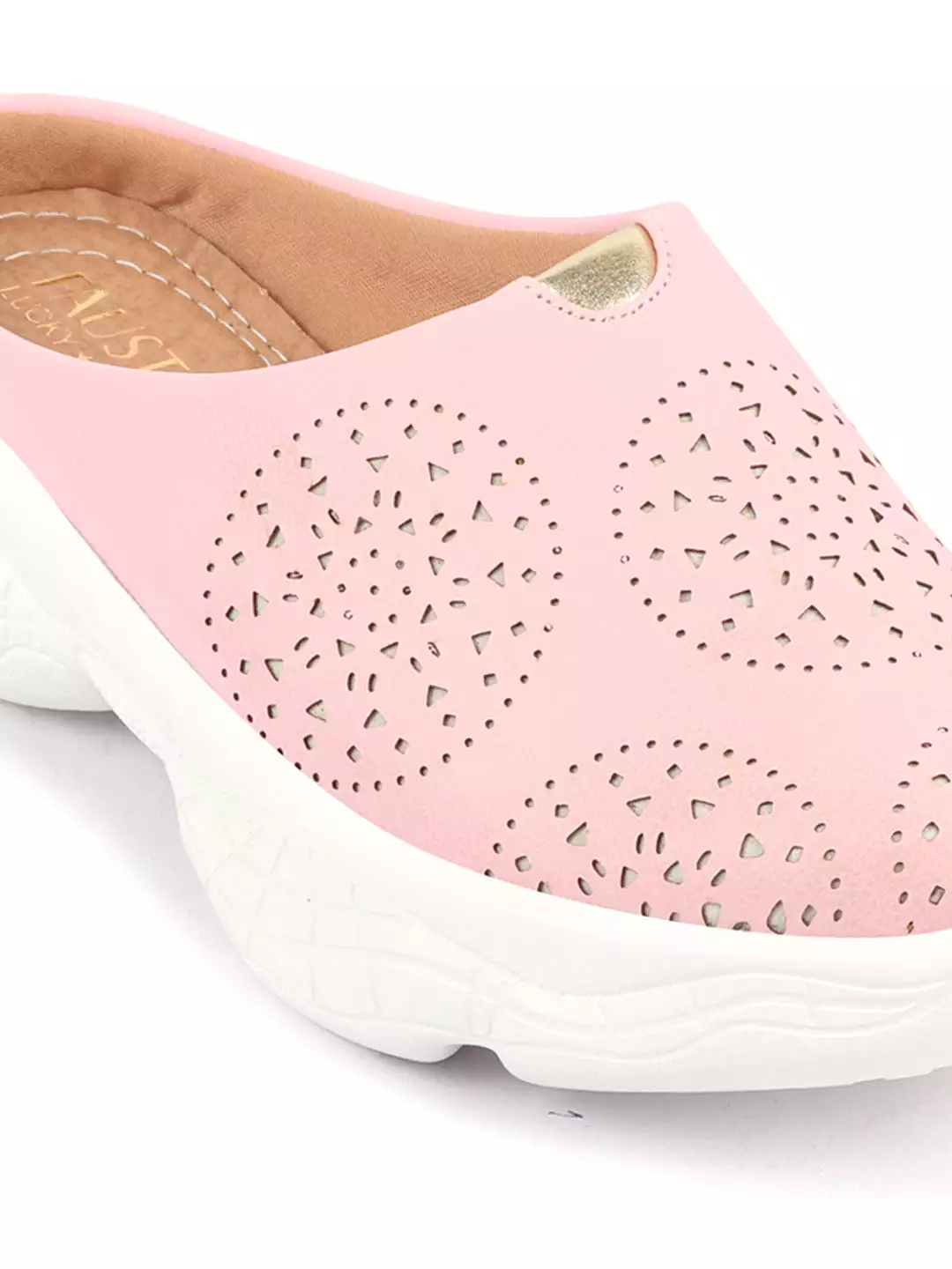 Women Pink Laser Cut Design Back Open Slip On Mules Shoes