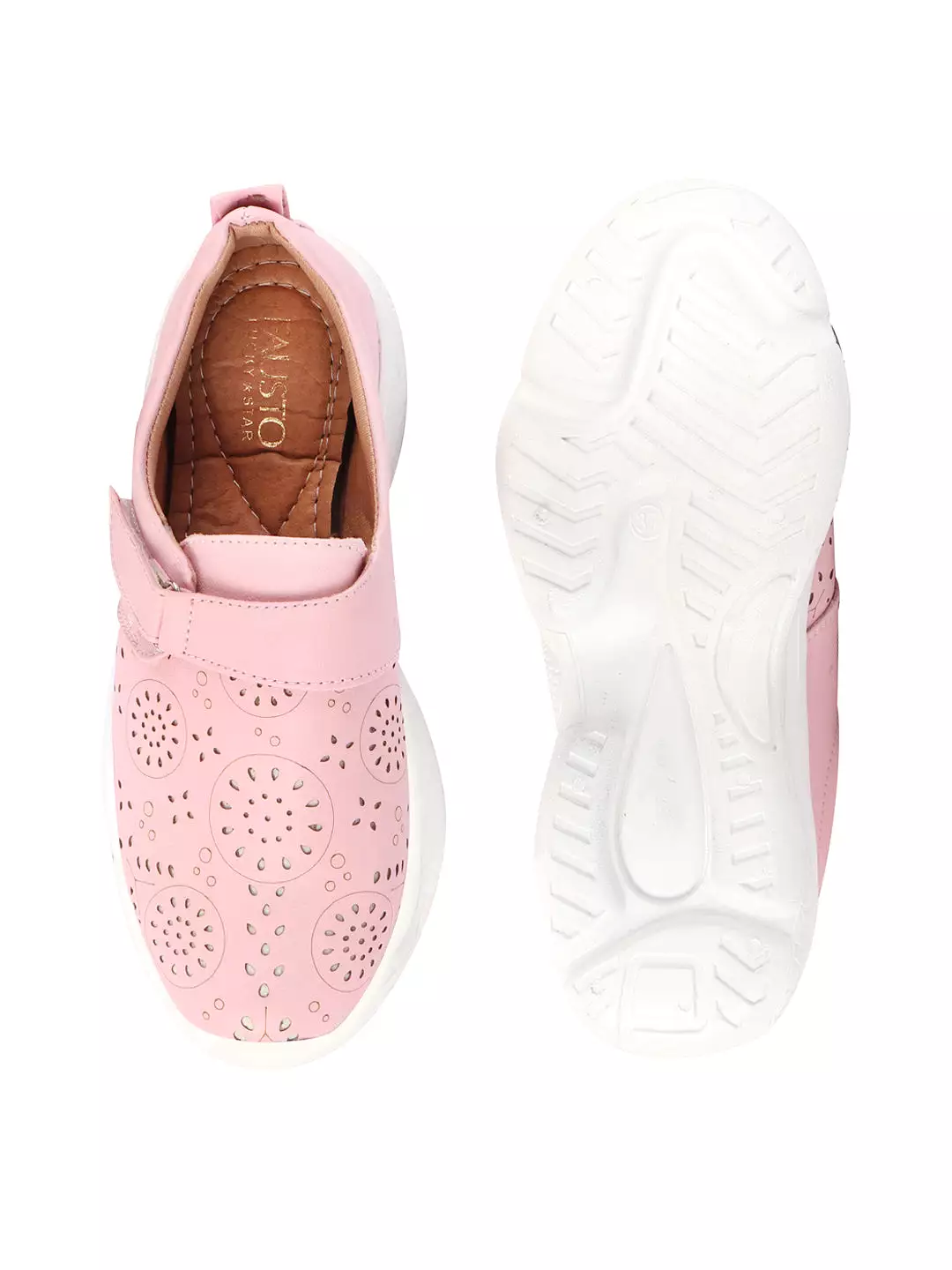 Women Pink Laser Cut Design Stitched Back Open Hook & Loop Buckle Mules Shoes