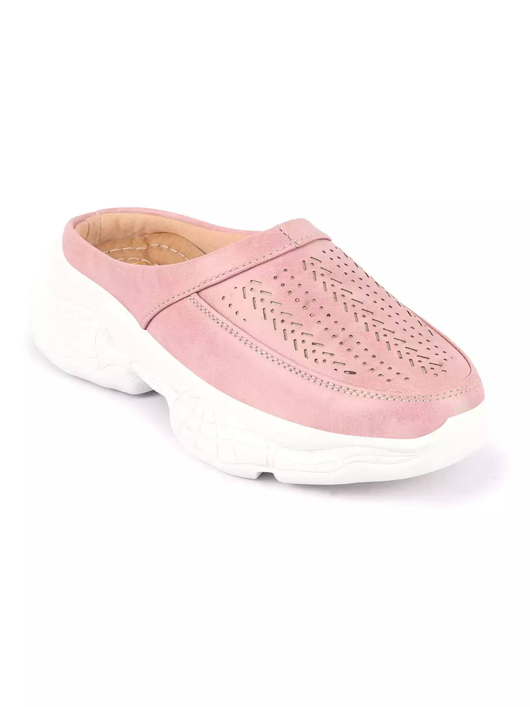 Women Pink Laser Cut Design Stitched Back Open Slip On Mules Shoes