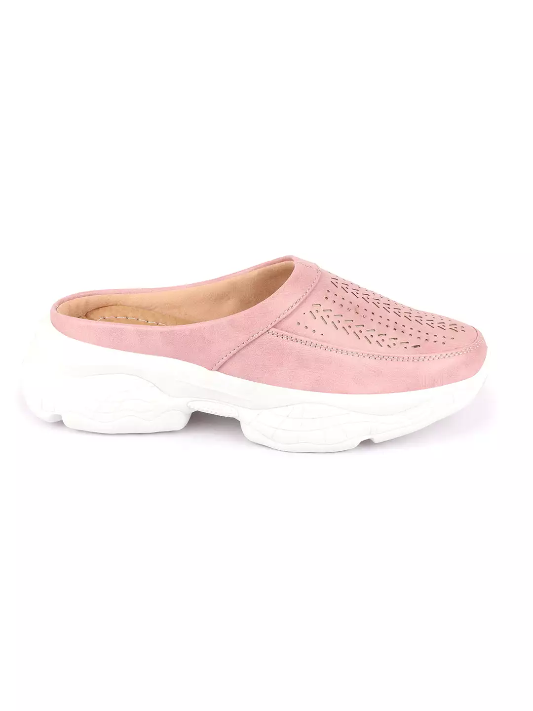 Women Pink Laser Cut Design Stitched Back Open Slip On Mules Shoes