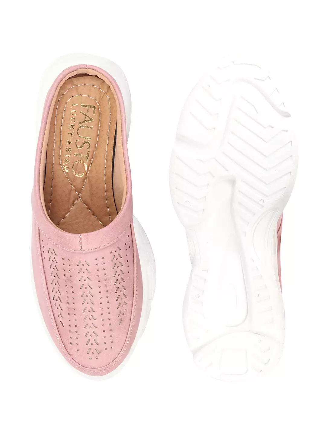 Women Pink Laser Cut Design Stitched Back Open Slip On Mules Shoes