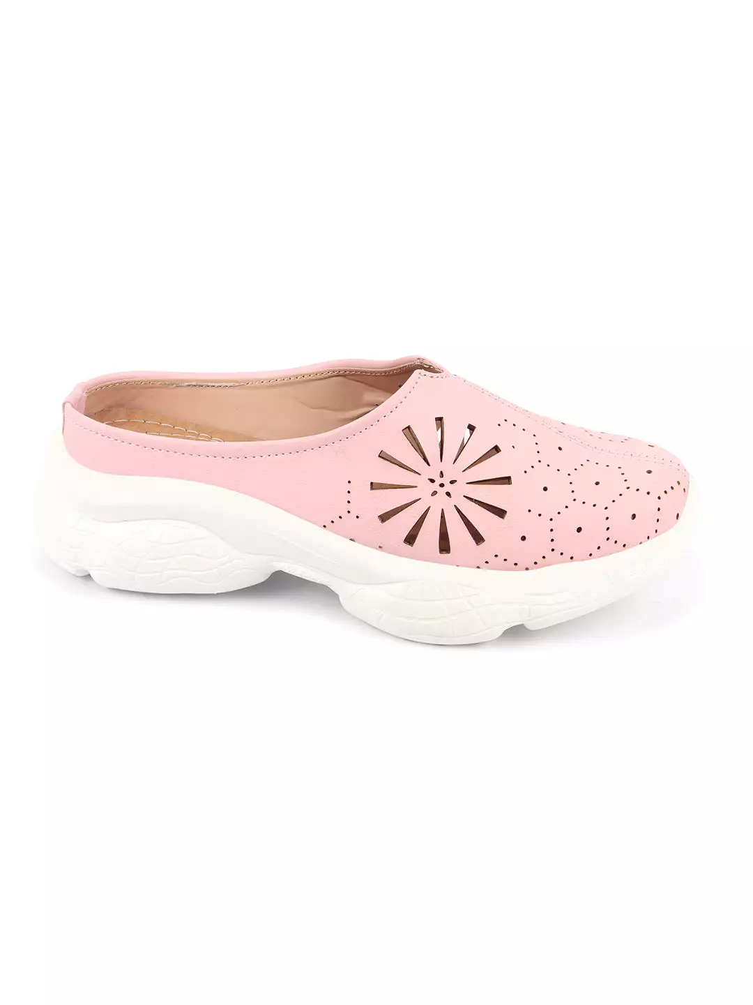 Women Pink Laser Cut Design Stitched Breathable Back Open Slip On Mules Shoes