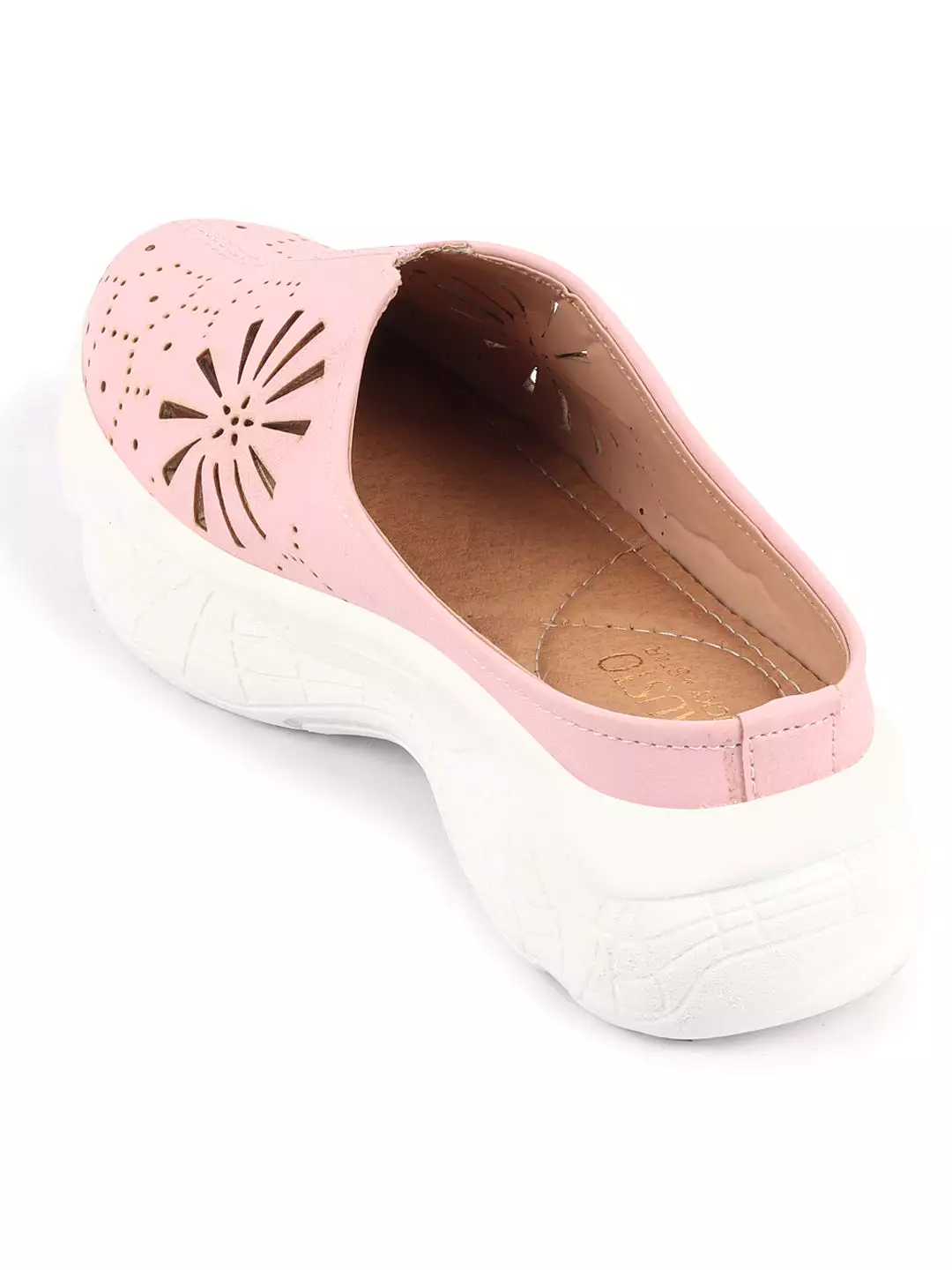 Women Pink Laser Cut Design Stitched Breathable Back Open Slip On Mules Shoes