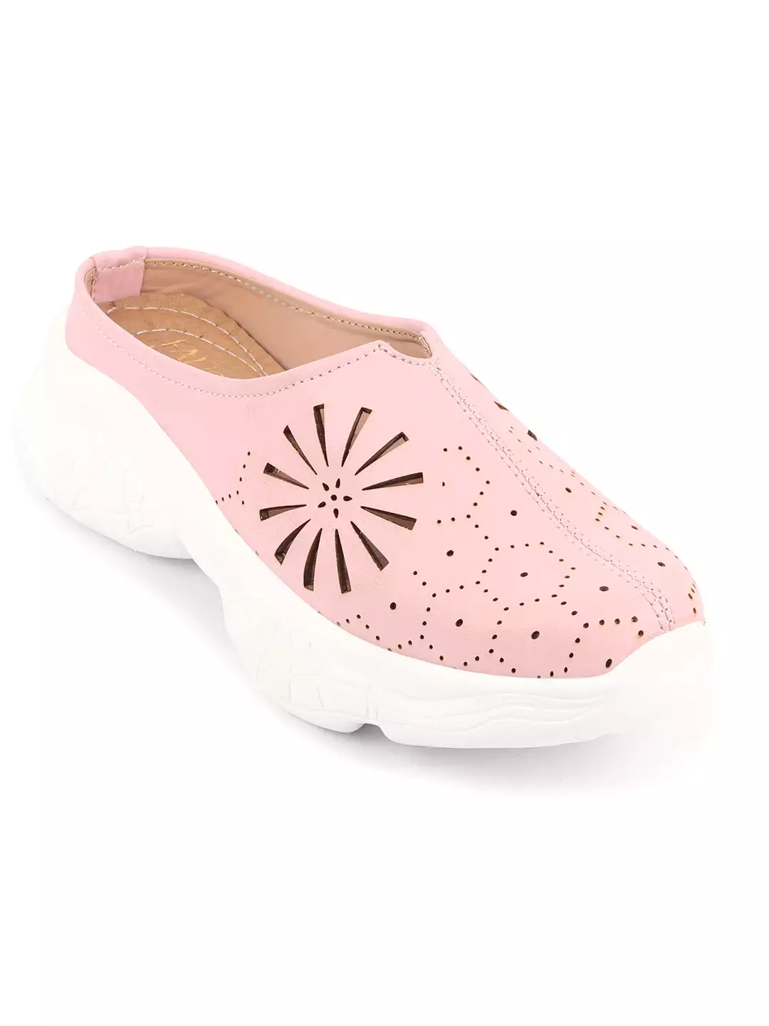 Women Pink Laser Cut Design Stitched Breathable Back Open Slip On Mules Shoes