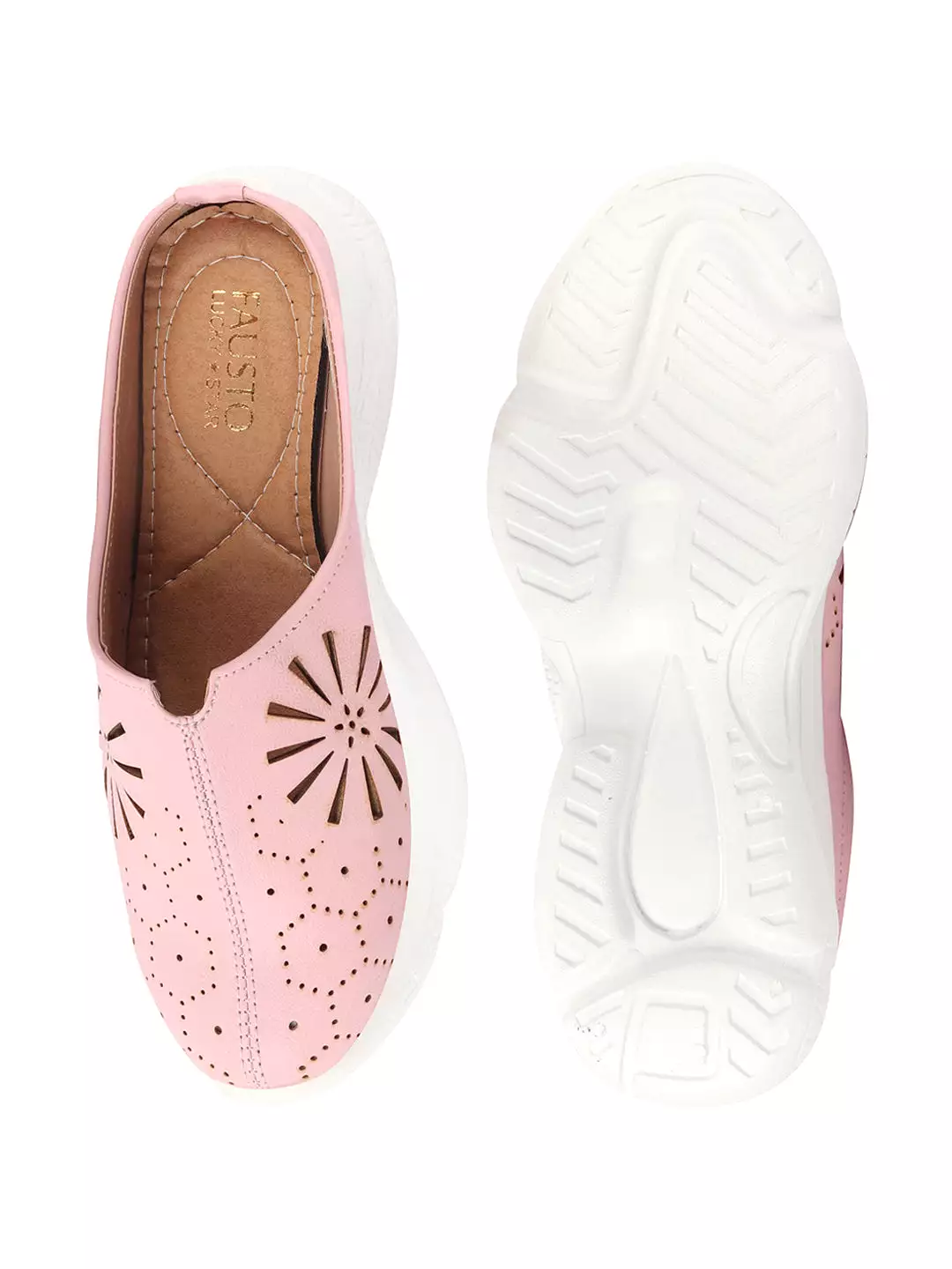 Women Pink Laser Cut Design Stitched Breathable Back Open Slip On Mules Shoes