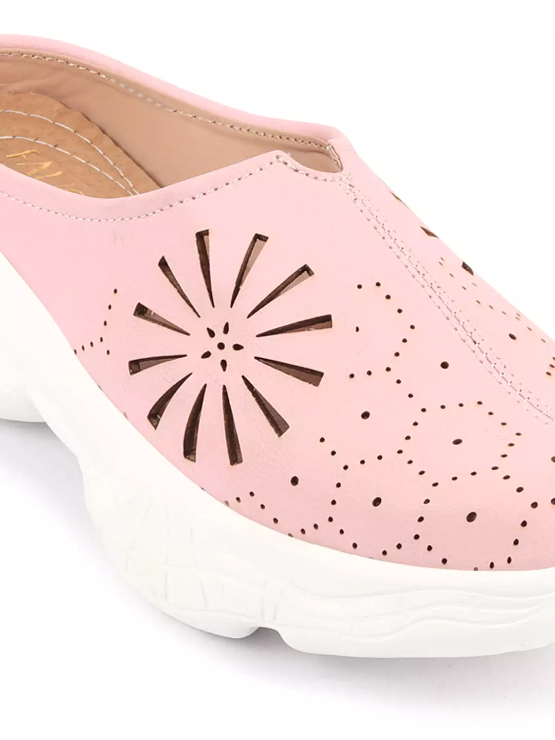 Women Pink Laser Cut Design Stitched Breathable Back Open Slip On Mules Shoes