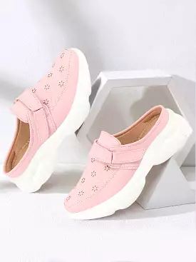 Women Pink Laser Cut Floral Design Hook and Loop Back Open Slip On Mules Shoes