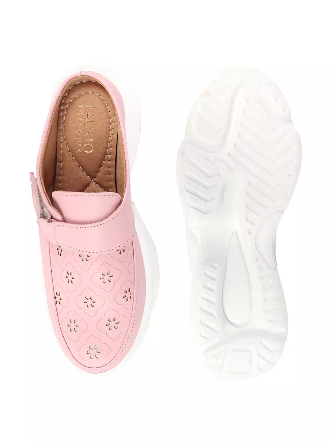 Women Pink Laser Cut Floral Design Hook and Loop Back Open Slip On Mules Shoes