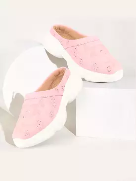 Women Pink Laser Cut Star Design Back Open Slip-On Mules Shoes