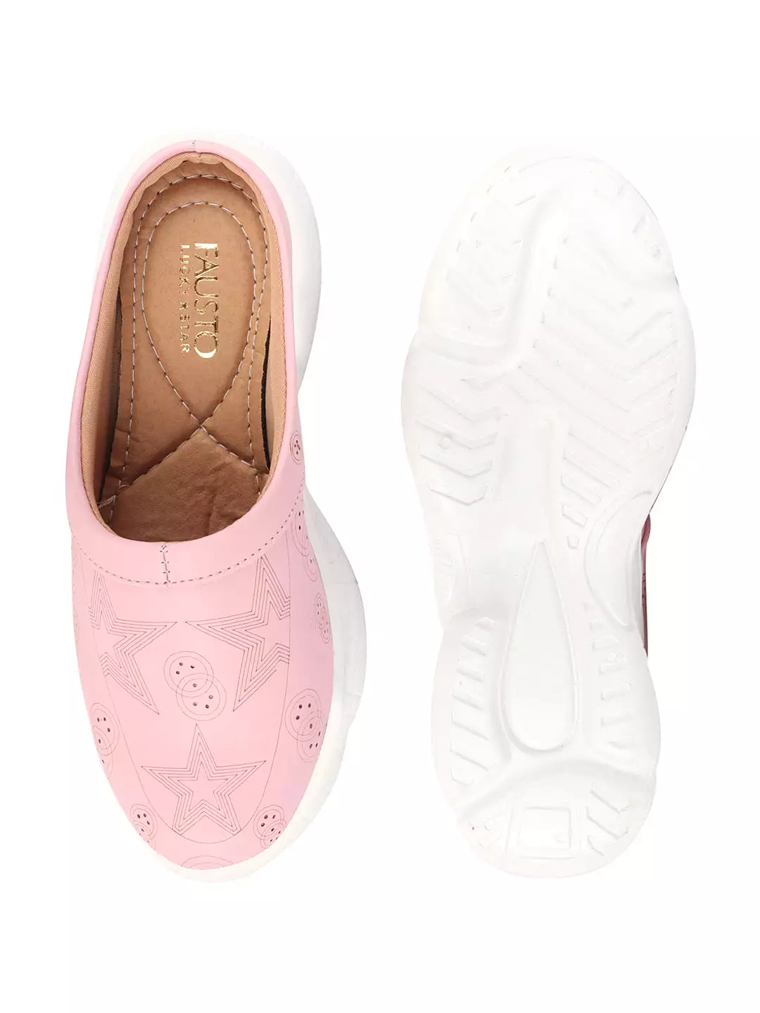 Women Pink Laser Cut Star Design Back Open Slip-On Mules Shoes